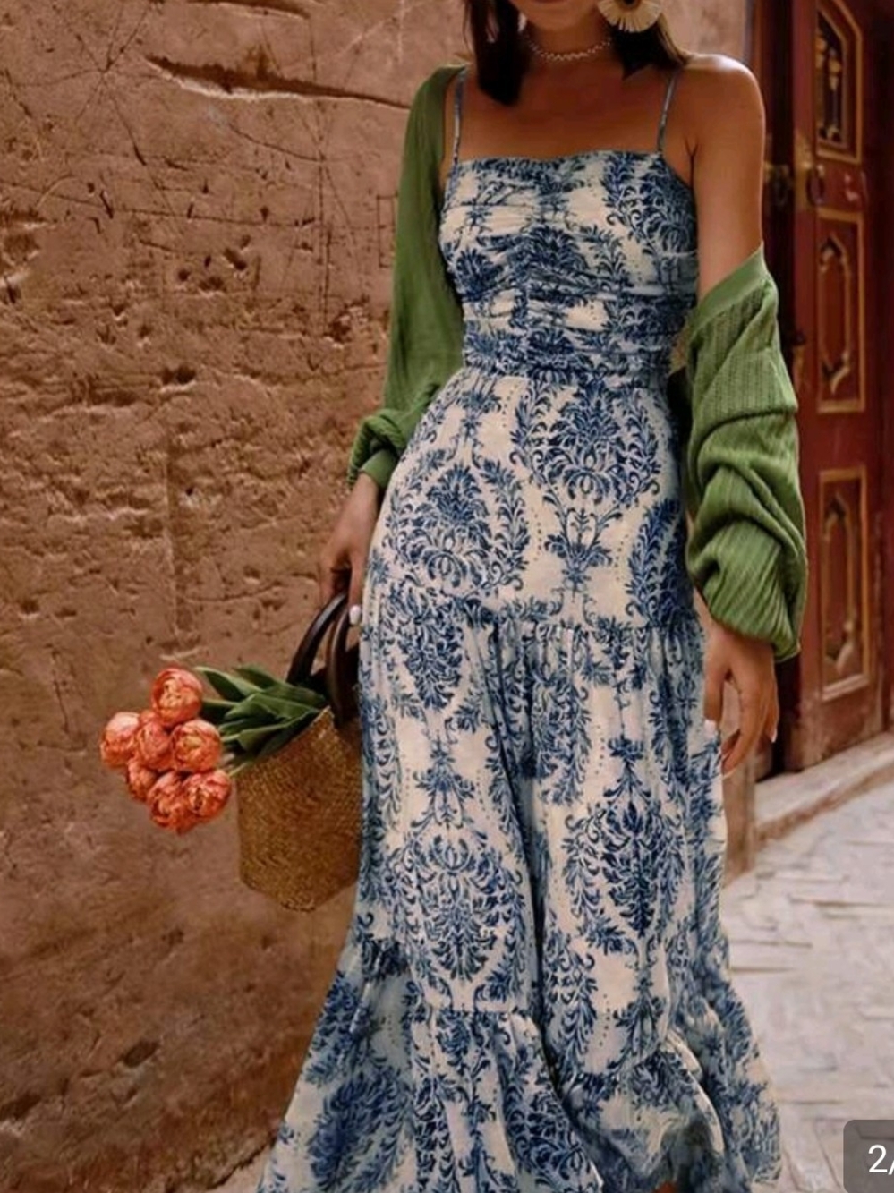 Navy, Cream And Taupe Printed Maxi Dress with Back Tie
